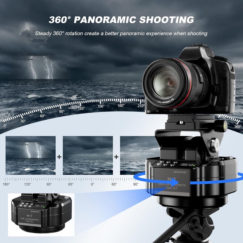 soonpho M7 Motorized Rotating Panoramic Tripod Head for Time Lapse Remote Control 360° Pan Tilt Head for DSLR Cameras, Camcorders, Tripod - Image 4